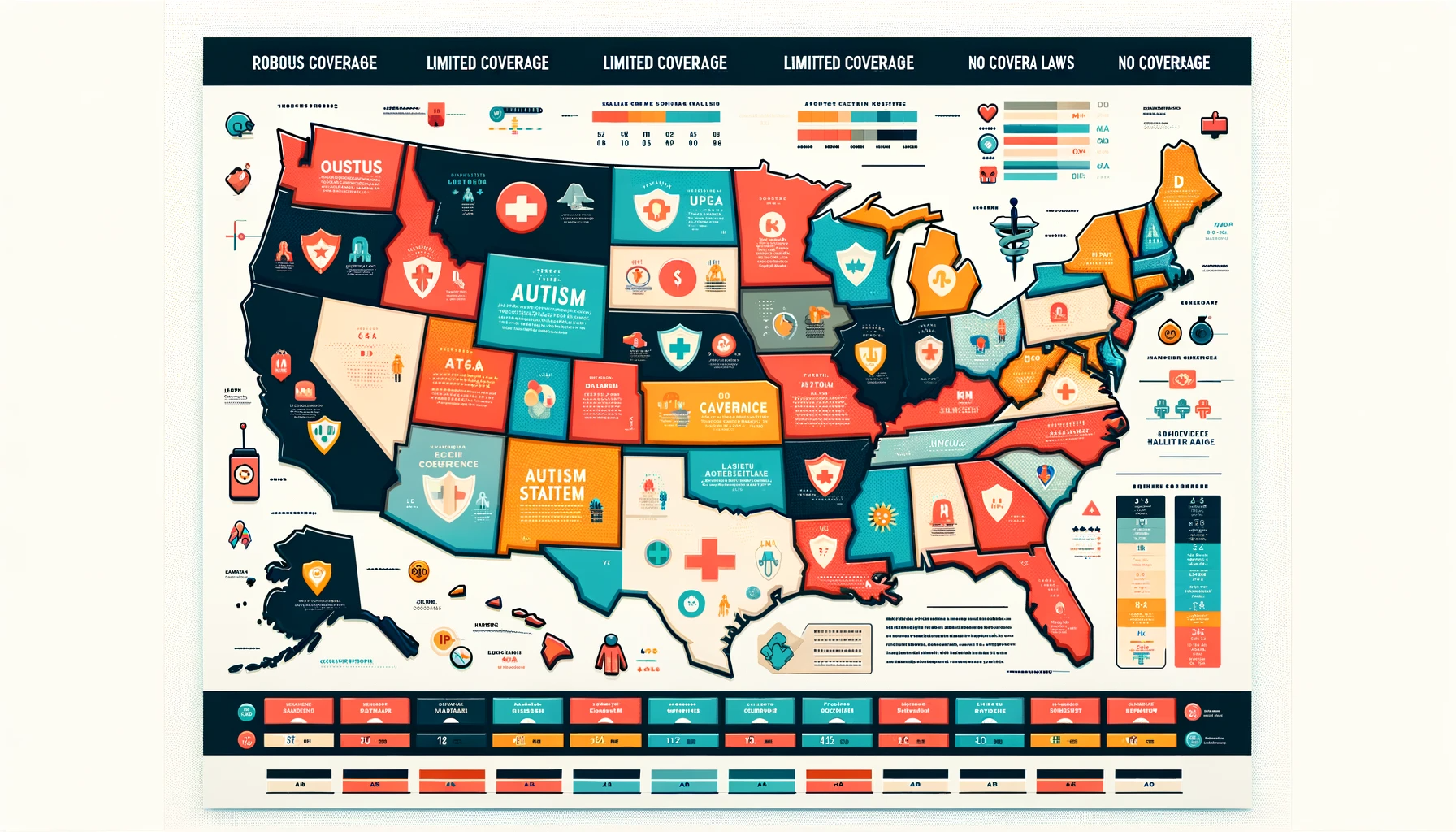 An infographic depicting a map of the United States, divided into four categories based on the level of autism healthcare coverage in each state. The .png