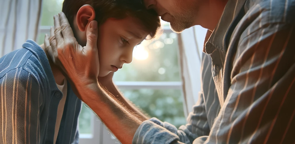 An image depicting a compassionate moment between a parent and their autistic child. The child is showing signs of distress, and the parent is gently
