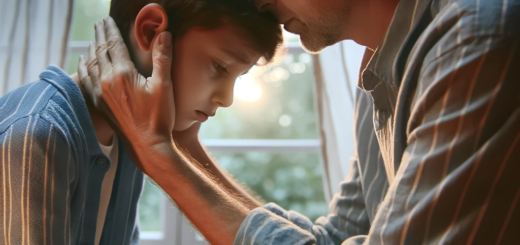 An image depicting a compassionate moment between a parent and their autistic child. The child is showing signs of distress, and the parent is gently