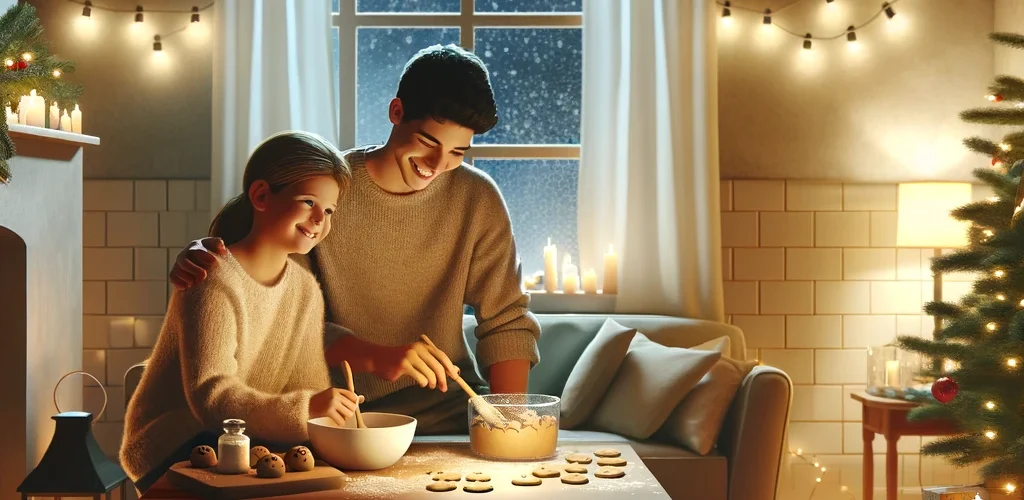 Mother and teenage son with autism joyfully baking cookies in a minimally decorated kitchen during the holidays, with serene lights and soft decorations, symbolizing peace, joy, and family togetherness in an inclusive holiday celebration