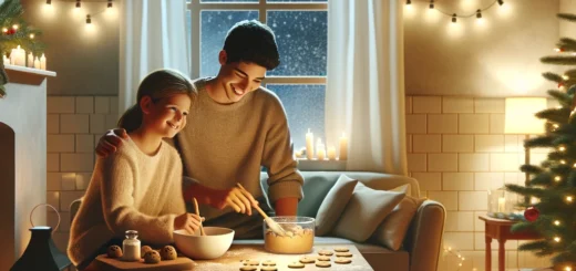 Mother and teenage son with autism joyfully baking cookies in a minimally decorated kitchen during the holidays, with serene lights and soft decorations, symbolizing peace, joy, and family togetherness in an inclusive holiday celebration