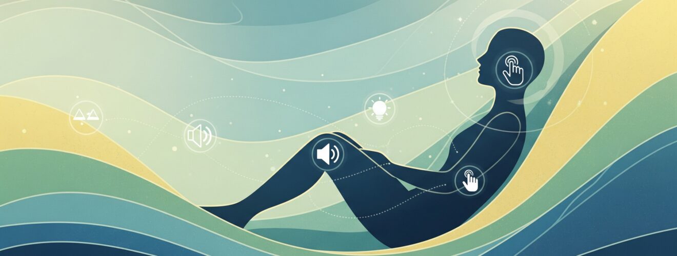 Abstract image symbolizing a personalized sensory profile: a calm silhouette in a harmonious environment with balanced sound, light, and texture icons, representing sensory optimization and comfort.