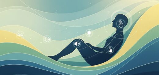 Abstract image symbolizing a personalized sensory profile: a calm silhouette in a harmonious environment with balanced sound, light, and texture icons, representing sensory optimization and comfort.