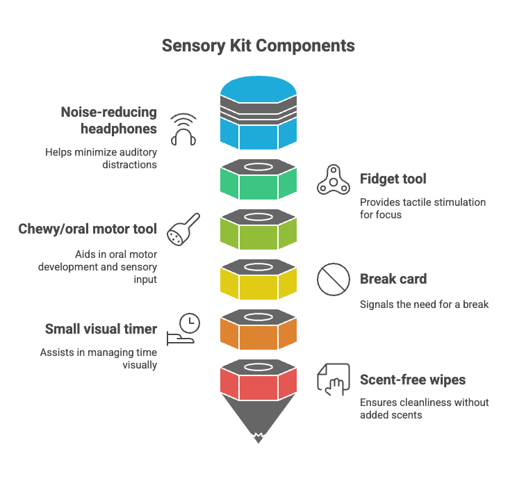 Title:  Kit Checklist
Items:Noise-reducing headphones 🎧Fidget tool ✋Chewy/oral motor tool 🦷Break card 🛑Small visual timer ⏲️Scent-free wipes 🧻