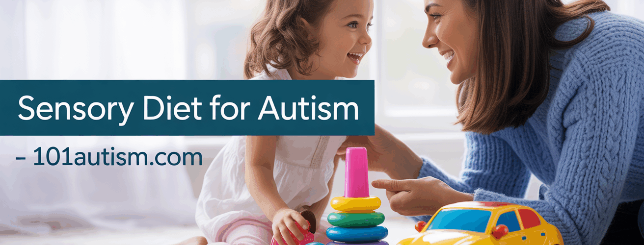 A promotional image for autism awareness showing a caucasian woman and a caucasian child playing with sensory toys. The image has a teal-colored header with white text reading "Sensory Diet for Autism" and "- 101AUTISM.COM" in white text. The scene shows a caucasian woman wearing a blue knit sweater and jeans sitting cross-legged on a white floor, interacting with a young caucasian girl with blonde braided hair wearing a white t-shirt and blue jeans. They are both holding colorful sensory toys and smiling. In front of them is a yellow toy car with blue accents and red circular details. Scattered on the floor are various colorful plastic pieces and toys. The background is plain white, creating a clean, professional look. The image has a warm, educational atmosphere with natural lighting and shows an engaged interaction between the adult and child.