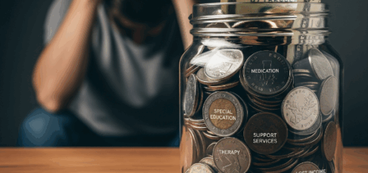 A person holding a jar with coins, symbolizing the hidden financial costs of autism, titled 'The Autism Tax