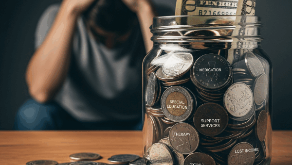 A person holding a jar with coins, symbolizing the hidden financial costs of autism, titled 'The Autism Tax