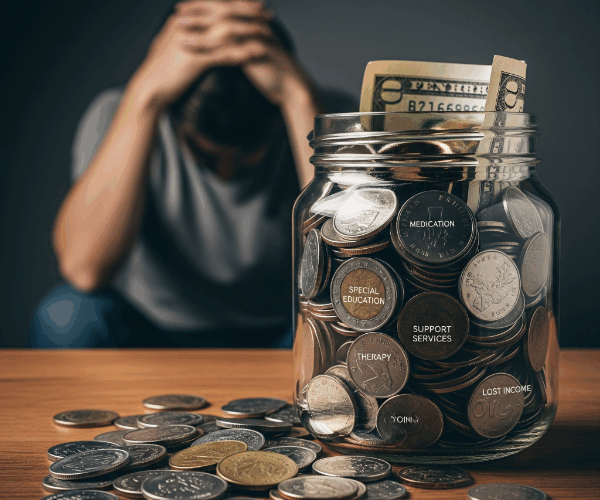 A person holding a jar with coins, symbolizing the hidden financial costs of autism, titled 'The Autism Tax
