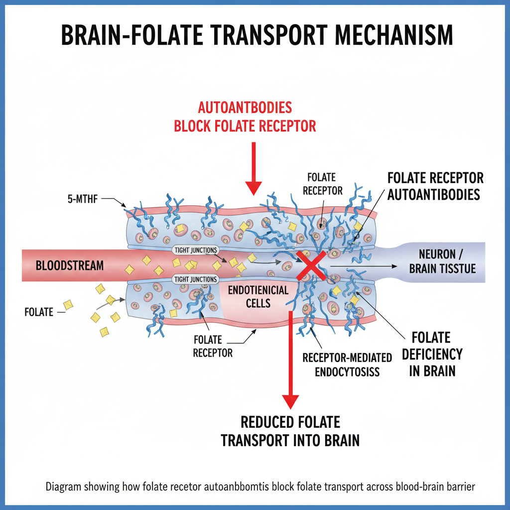 Diagram showing how folate receptor autoantibodies block folate transport across blood–brain barrier