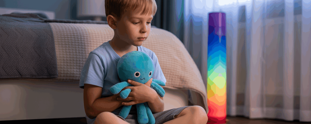 Child with autism looking at colorful sensory bubble tube lights in calming bedroom