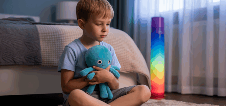 Child with autism looking at colorful sensory bubble tube lights in calming bedroom