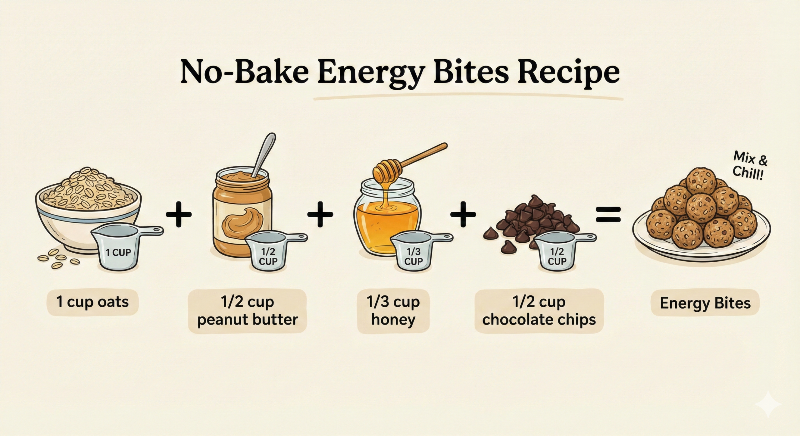 How to Create a Visual Recipe text[Picture of oats: 1 cup] + [Picture of peanut butter: 1/2 cup] + [Picture of honey: 1/3 cup] + [Picture of chocolate chips: 1/2 cup]