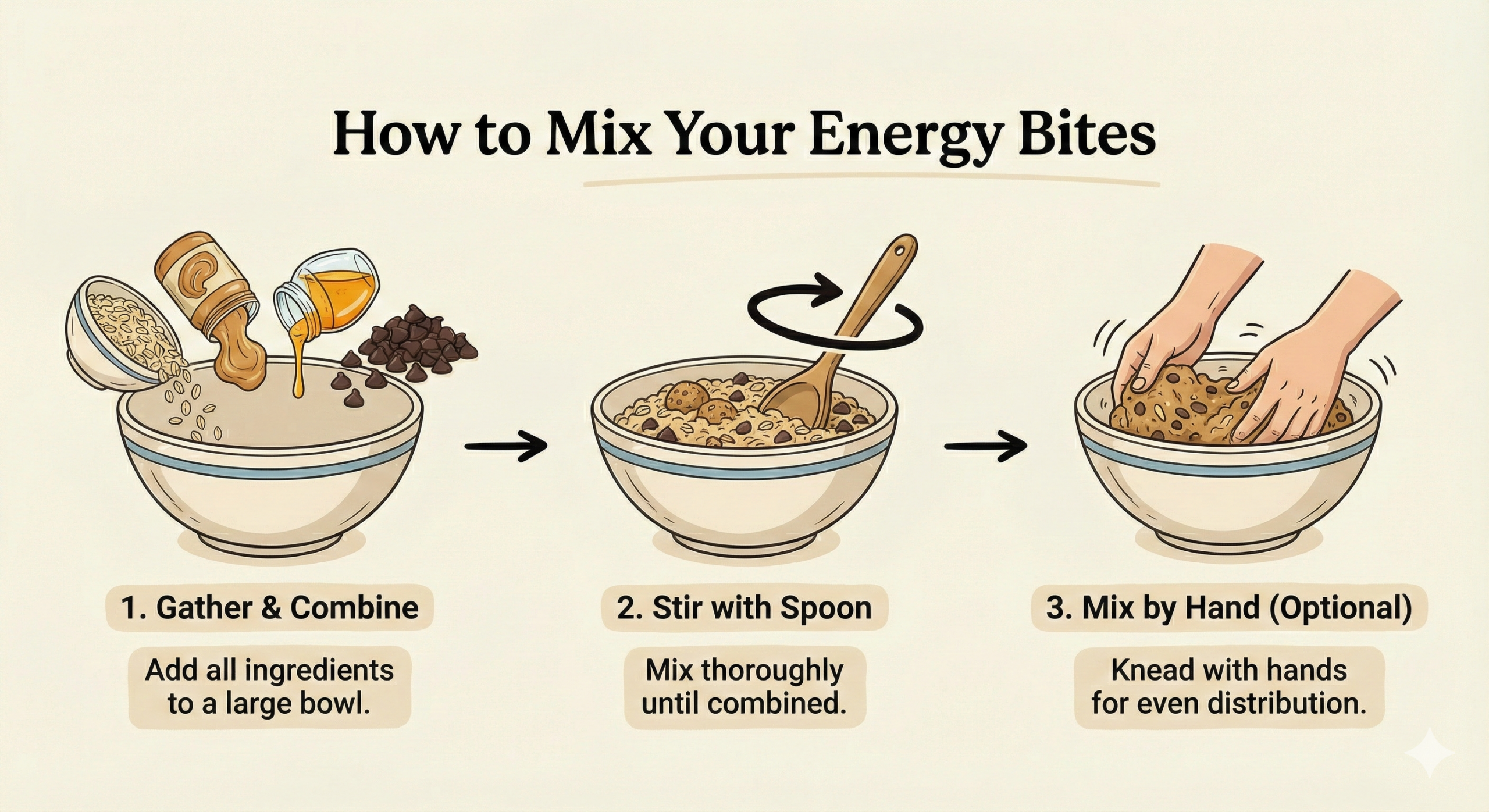 text1. [Picture: Mix bowl] → [Picture: All ingredients in bowl] 2. [Picture: Mixing spoon, arrow showing mixing motion] 3. [Picture: Hands mixing inside bowl]