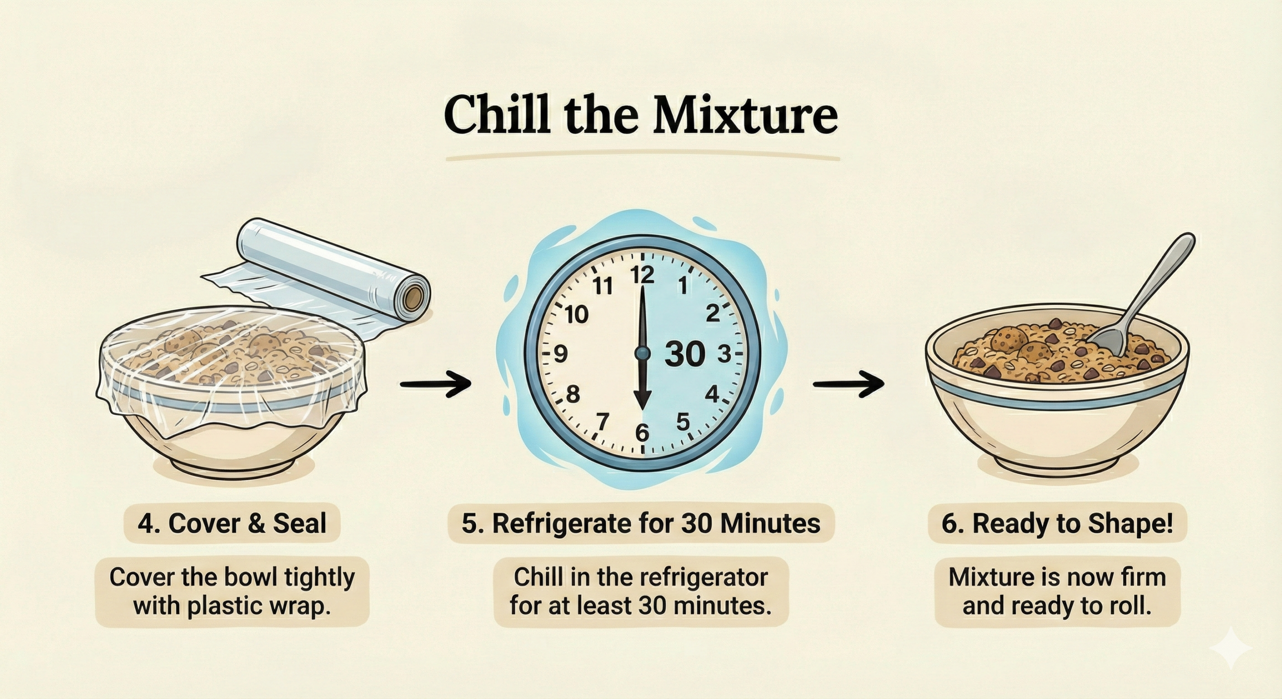 text[Picture: Bowl covered with plastic wrap] → [Clock showing "30 minutes"] → [Picture: Same bowl, ready to use]