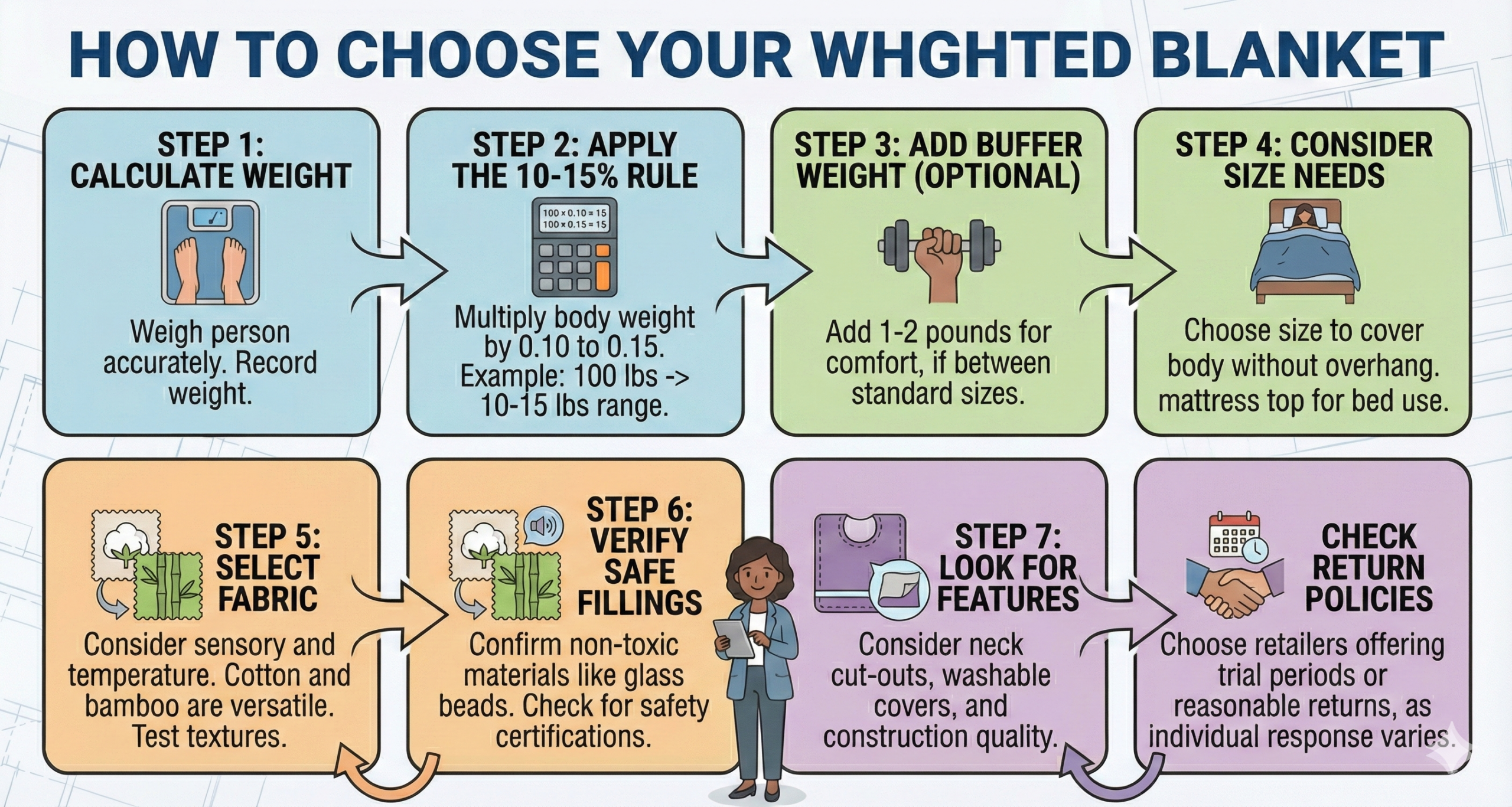Step 1: Calculate Body Weight Weigh the person who will use the blanket. Use an accurate scale and record the weight.
Step 2: Apply the 10-15% Rule Multiply body weight by 0.10 to 0.15 to get the target weight range. Example: 100 lbs × 0.10 = 10 lbs (minimum) | 100 lbs × 0.15 = 15 lbs (maximum)
Step 3: Add Buffer Weight (Optional) Some experts recommend adding 1-2 pounds to the calculated weight for comfort, especially if the person is between standard blanket weights.
Step 4: Consider Size Needs Choose a size that covers the body without overwhelming it. For bed use, the blanket should cover the mattress top without hanging far over edges.
Step 5: Select Appropriate Fabric Consider sensory preferences and temperature regulation needs. Cotton and bamboo work well for most people. Test texture preferences if possible.
Step 6: Verify Safe Fillings Confirm the blanket contains non-toxic materials like glass beads or cotton. Check for safety certifications and third-party testing.
Step 7: Look for Helpful Features Consider neck cut-outs, removable washable covers, and construction quality. These features enhance long-term usability and comfort.
Step 8: Check Return Policies Since individual response varies, choose retailers offering trial periods or reasonable return policies.