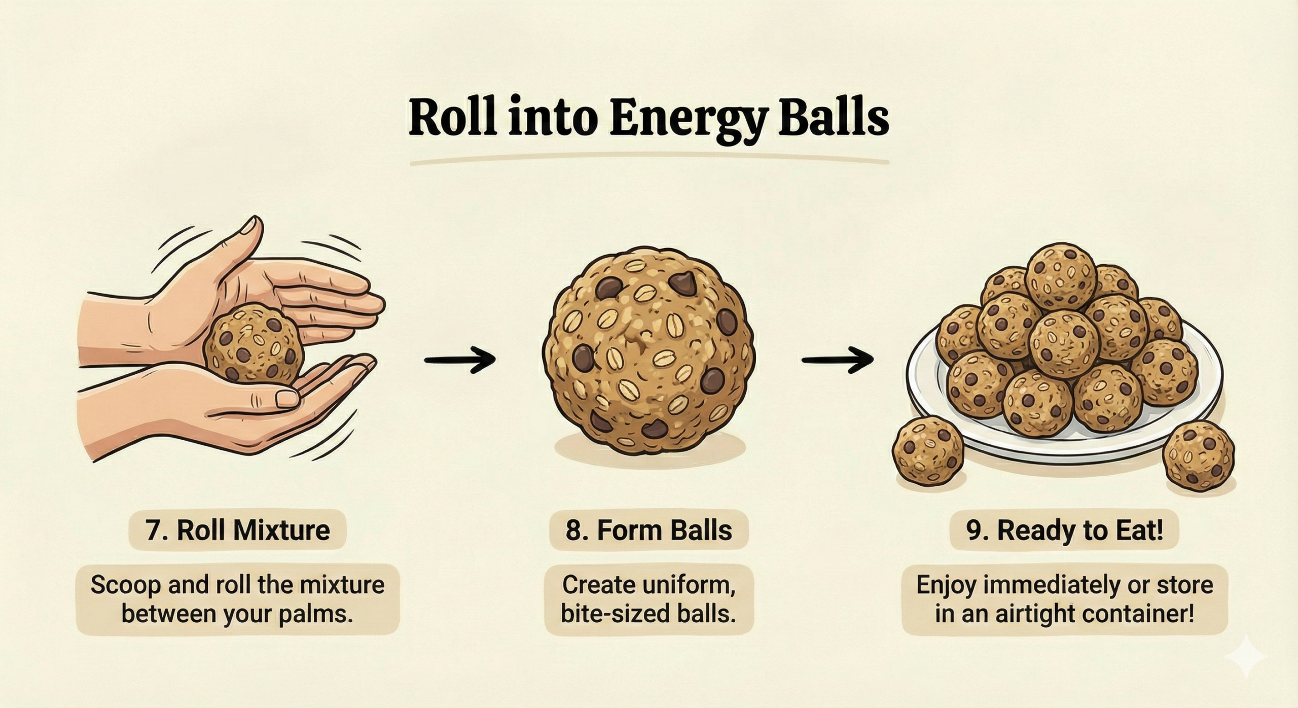 text[Picture: Hands rolling dough] → [Picture: Small ball] → [Picture: Final energy balls on plate]