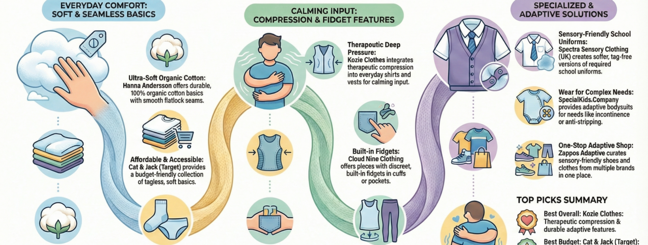 This resource provides a curated list of the Top 10 Sensory Friendly Clothing Brands for autistic individuals, designed to help families find comfortable options based on specific needs and budgets. The selection highlights varied brands such as Kozie Clothes for therapeutic compression, Hanna Andersson for ultra-soft basics, and Cat & Jack (Target) for accessible, budget-friendly pieces. Each brand overview details its specific niche, whether it is seamless socks from SmartKnit Kids or adaptive uniforms, emphasizing features like flat seams, tagless designs, and specialized fabrics that mitigate common sensory triggers. Ultimately, the guide serves as a practical, verified resource to address the frequent sensory challenges posed by typical clothing.