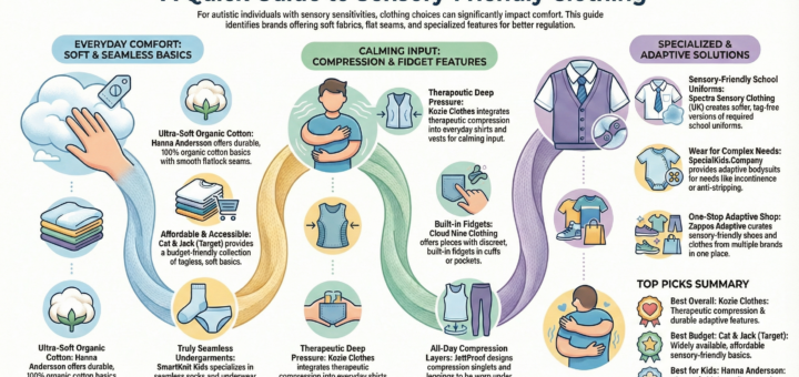 This resource provides a curated list of the Top 10 Sensory Friendly Clothing Brands for autistic individuals, designed to help families find comfortable options based on specific needs and budgets. The selection highlights varied brands such as Kozie Clothes for therapeutic compression, Hanna Andersson for ultra-soft basics, and Cat & Jack (Target) for accessible, budget-friendly pieces. Each brand overview details its specific niche, whether it is seamless socks from SmartKnit Kids or adaptive uniforms, emphasizing features like flat seams, tagless designs, and specialized fabrics that mitigate common sensory triggers. Ultimately, the guide serves as a practical, verified resource to address the frequent sensory challenges posed by typical clothing.