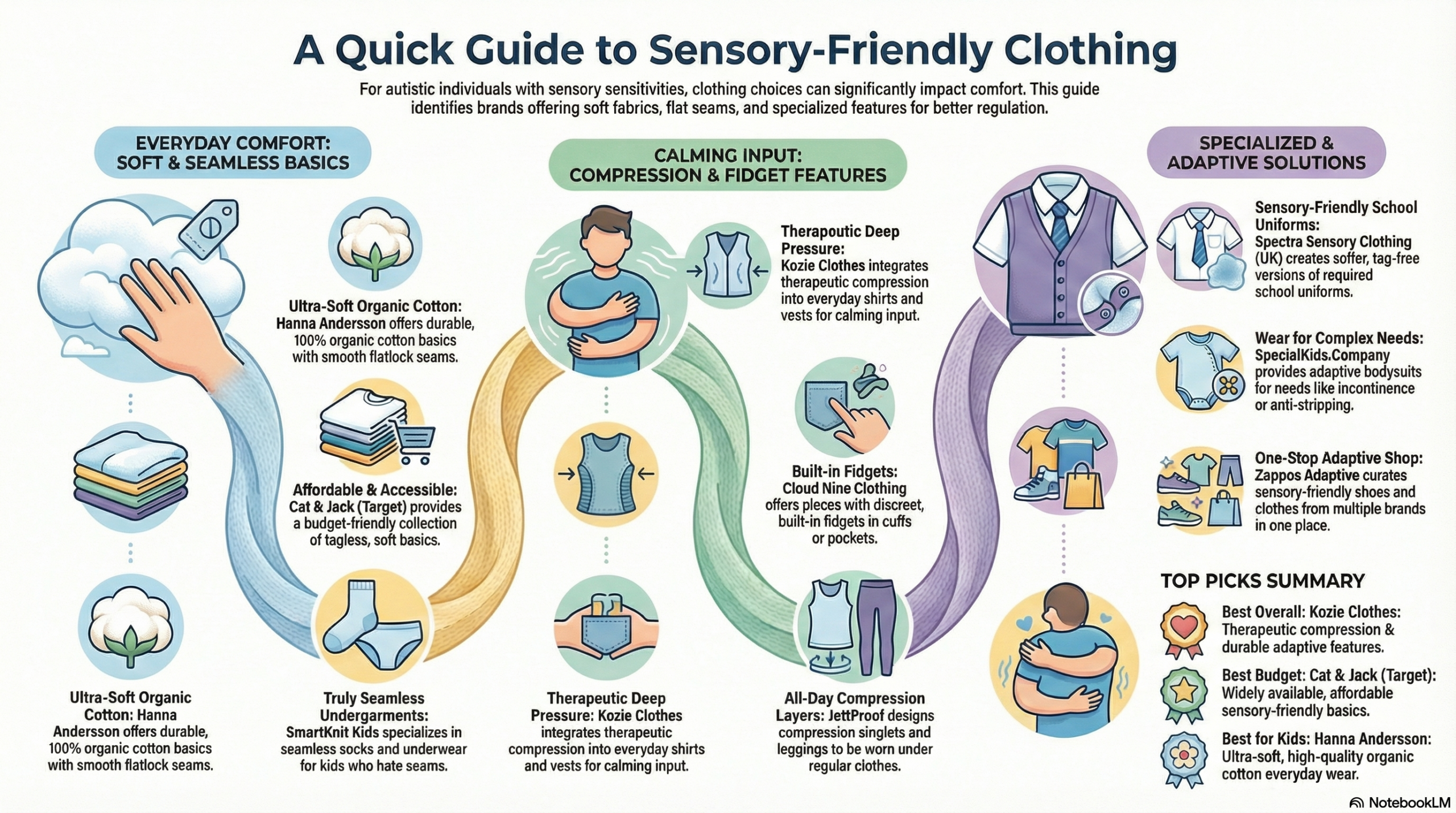 This resource provides a curated list of the Top 10 Sensory Friendly Clothing Brands for autistic individuals, designed to help families find comfortable options based on specific needs and budgets. The selection highlights varied brands such as Kozie Clothes for therapeutic compression, Hanna Andersson for ultra-soft basics, and Cat & Jack (Target) for accessible, budget-friendly pieces. Each brand overview details its specific niche, whether it is seamless socks from SmartKnit Kids or adaptive uniforms, emphasizing features like flat seams, tagless designs, and specialized fabrics that mitigate common sensory triggers. Ultimately, the guide serves as a practical, verified resource to address the frequent sensory challenges posed by typical clothing.
