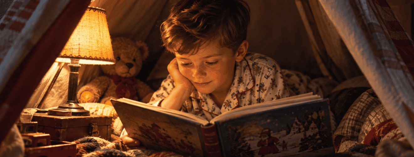 A 1950s editorial-style photo of a child reading by lamplight inside a dark tent would fit the site.