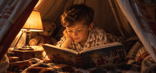 A 1950s editorial-style photo of a child reading by lamplight inside a dark tent would fit the site.