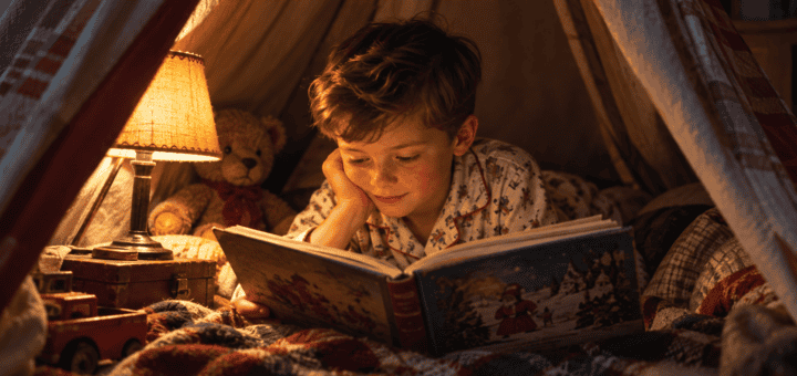 A 1950s editorial-style photo of a child reading by lamplight inside a dark tent would fit the site.